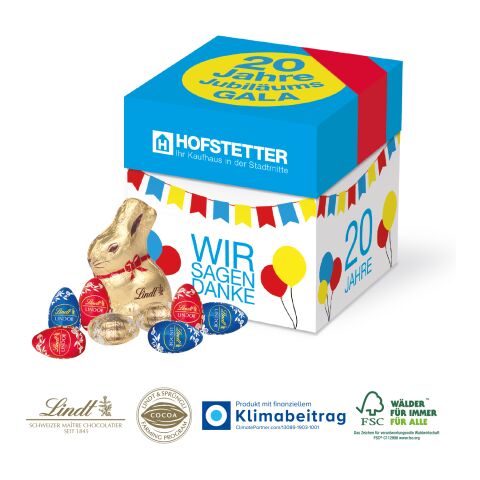 Würfelbox mit Goldhase und Schoko-Eier von Lindt bunt | 4C Digital-/Offsetdruck